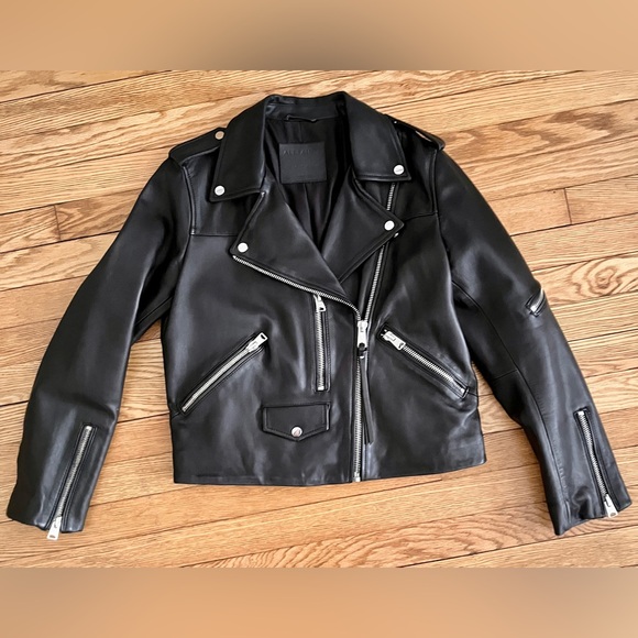 AllSaints Darnley Black Leather Biker Jacket US 10 - Picture 2 of 14